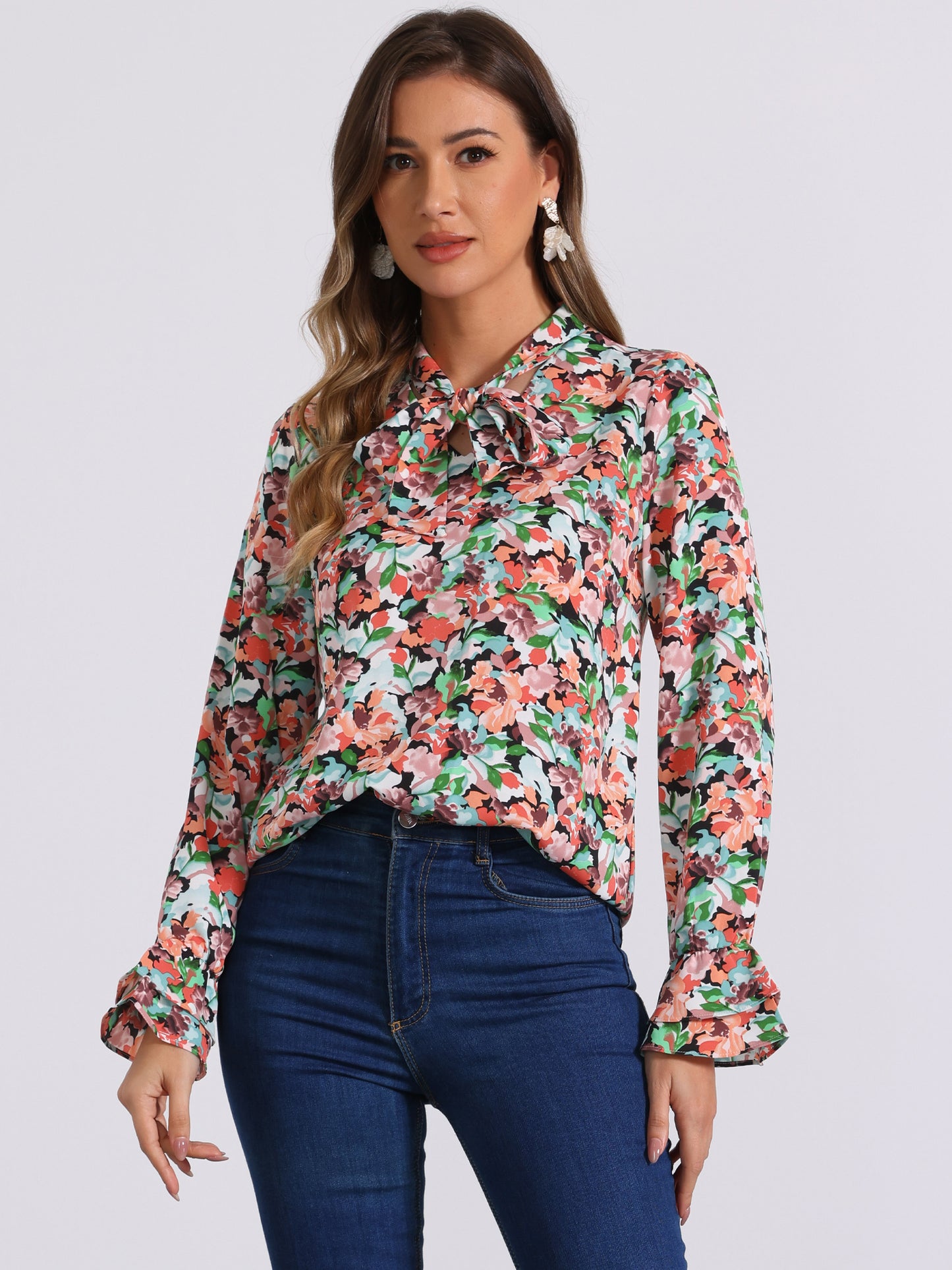 Blusa de gasa con volantes y cuello con lazo floral de manga larga para mujer