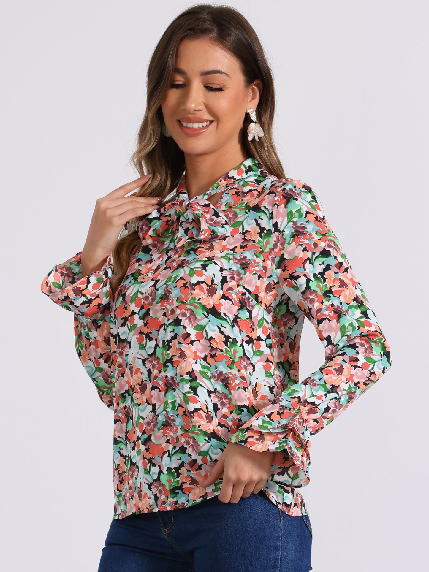 Blusa de gasa con volantes y cuello con lazo floral de manga larga para mujer