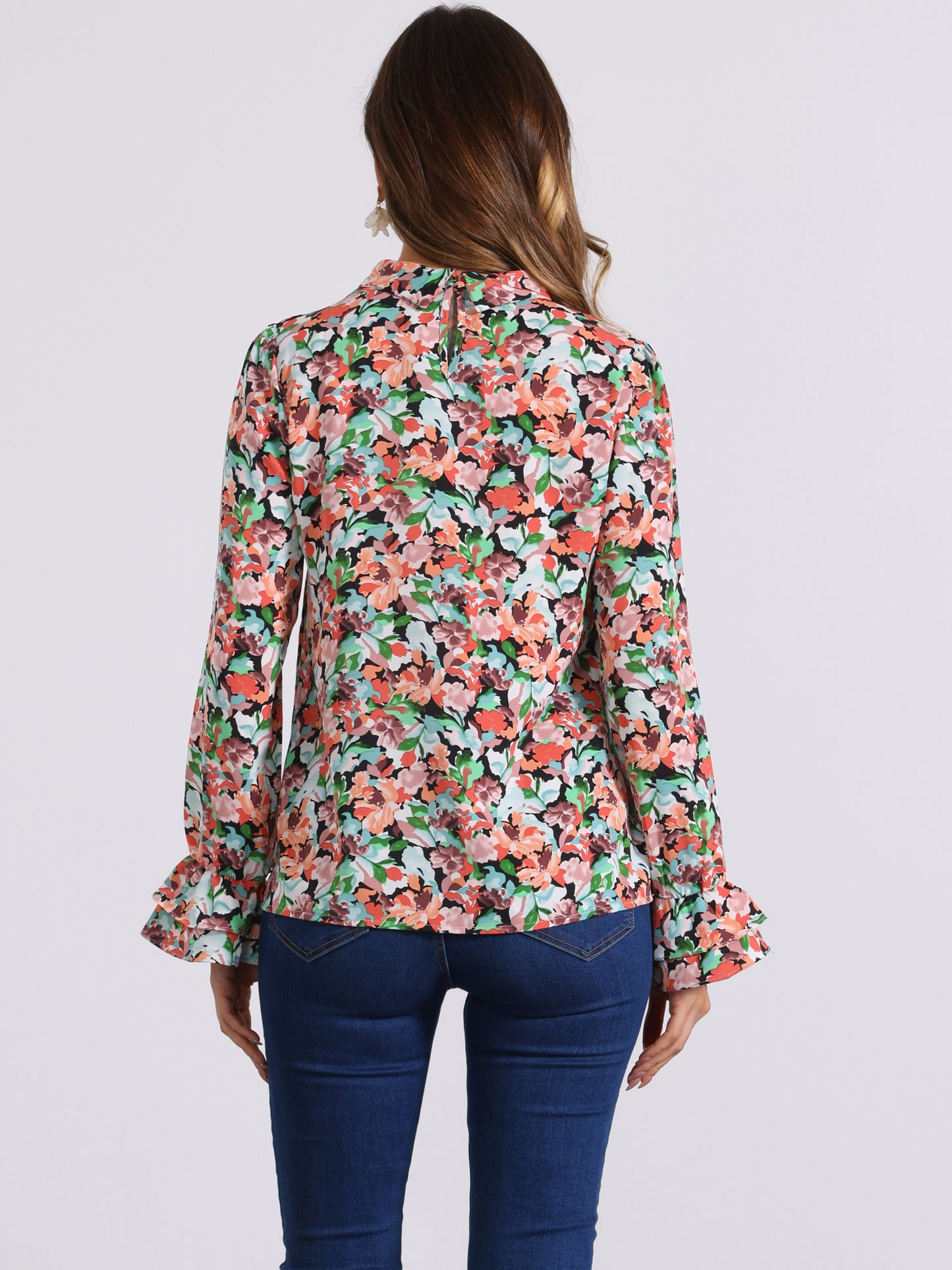 Blusa de gasa con volantes y cuello con lazo floral de manga larga para mujer