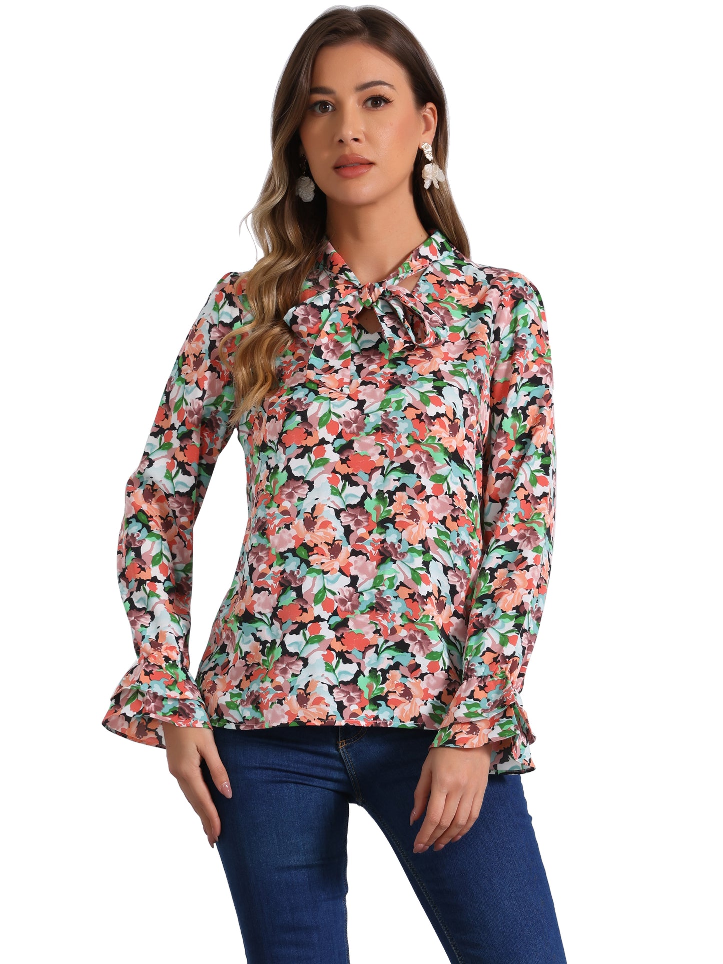 Blusa de gasa con volantes y cuello con lazo floral de manga larga para mujer