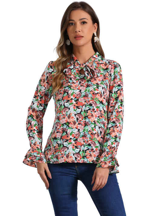 Women's Long Sleeve Blouse Floral Tie Neck Chiffon Ruffle Top