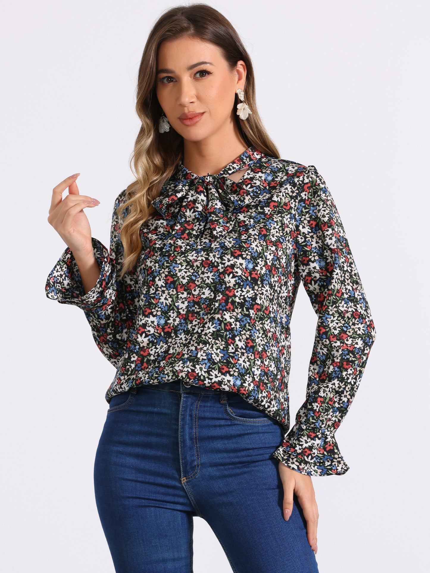 Blusa de gasa con volantes y cuello con lazo floral de manga larga para mujer