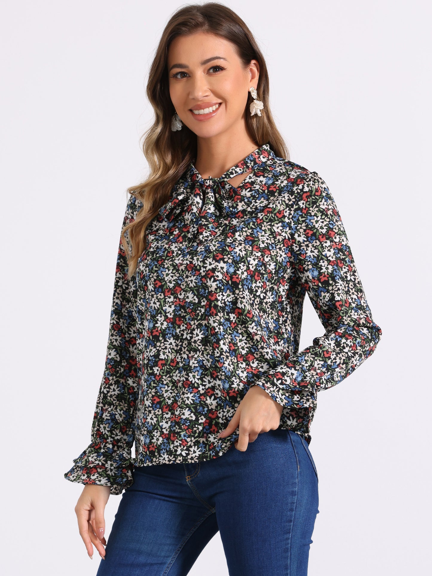 Blusa de gasa con volantes y cuello con lazo floral de manga larga para mujer