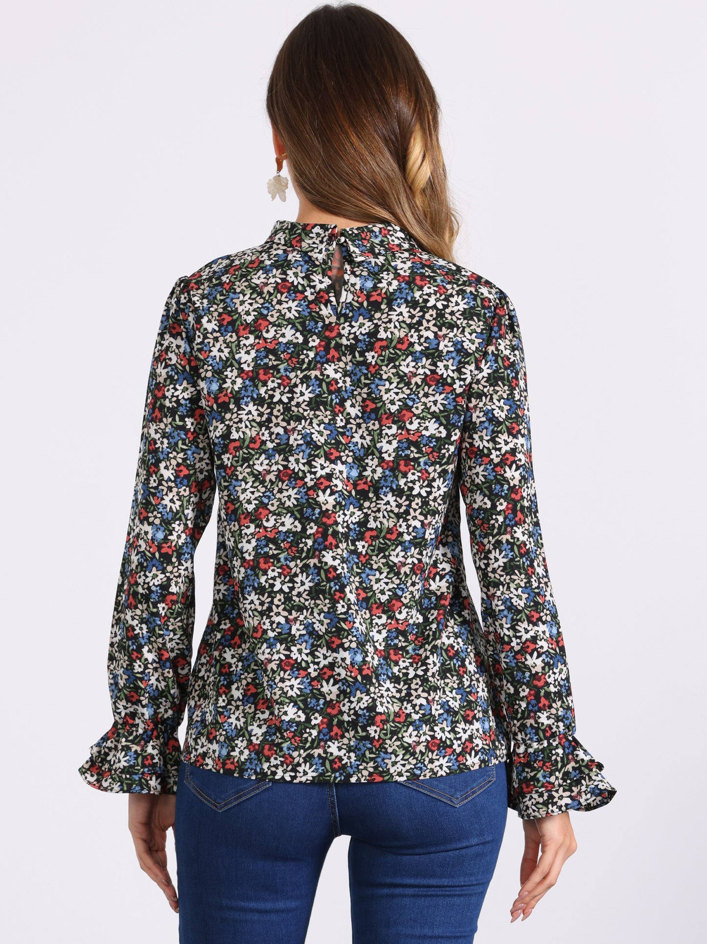 Blusa de gasa con volantes y cuello con lazo floral de manga larga para mujer