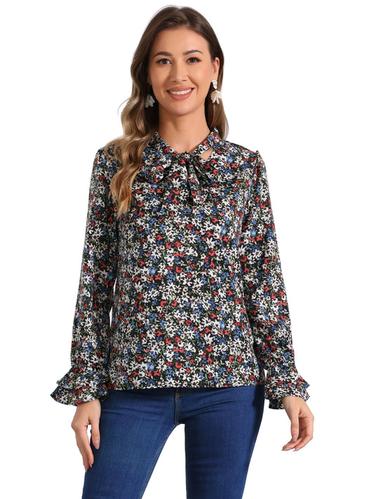 Blusa de gasa con volantes y cuello con lazo floral de manga larga para mujer
