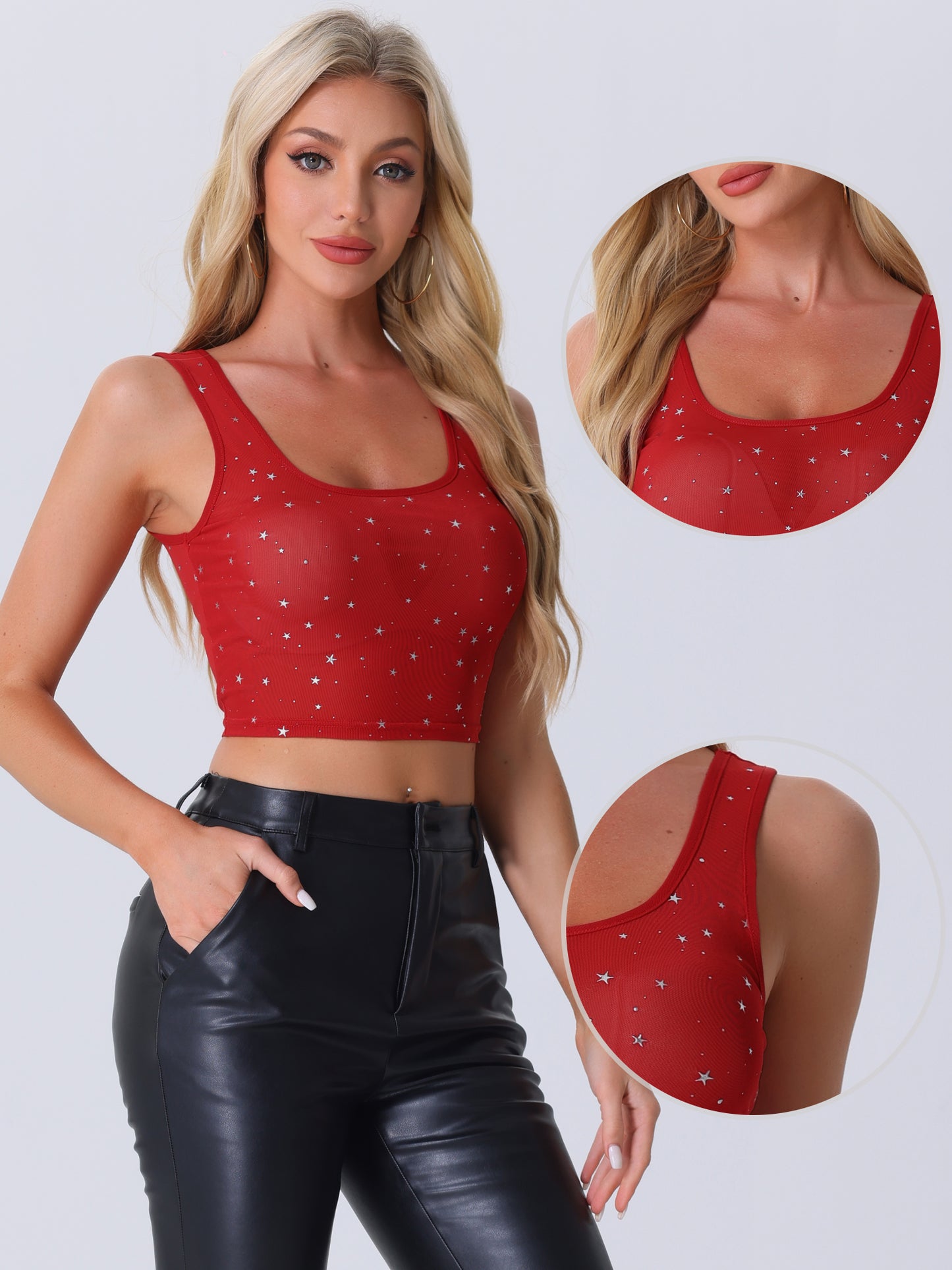 Women's Sheer Mesh Top Party Club Sleeveless Scoop Neck Glitter Star Crop Top