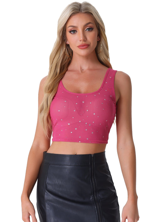 Women's Sheer Mesh Top Party Club Sleeveless Scoop Neck Glitter Star Crop Top
