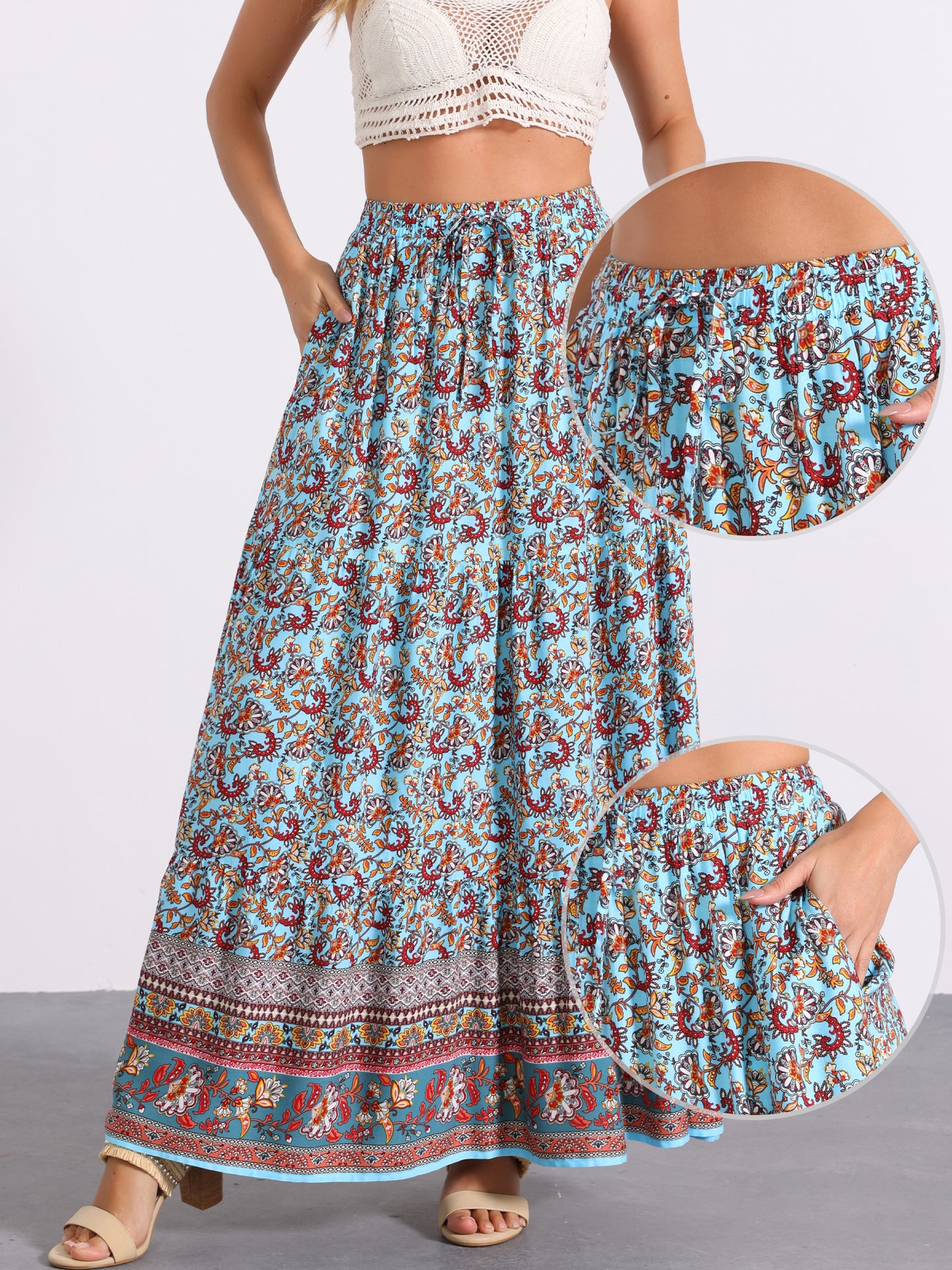 Falda larga estilo bohemio para mujer, de verano, con estampado floral campesino, cintura elástica, corte A