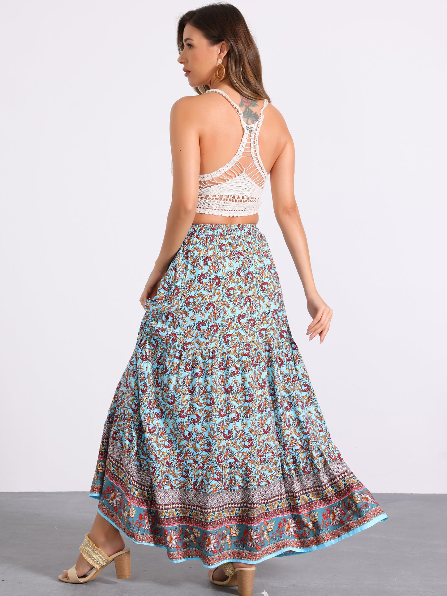 Falda larga estilo bohemio para mujer, de verano, con estampado floral campesino, cintura elástica, corte A