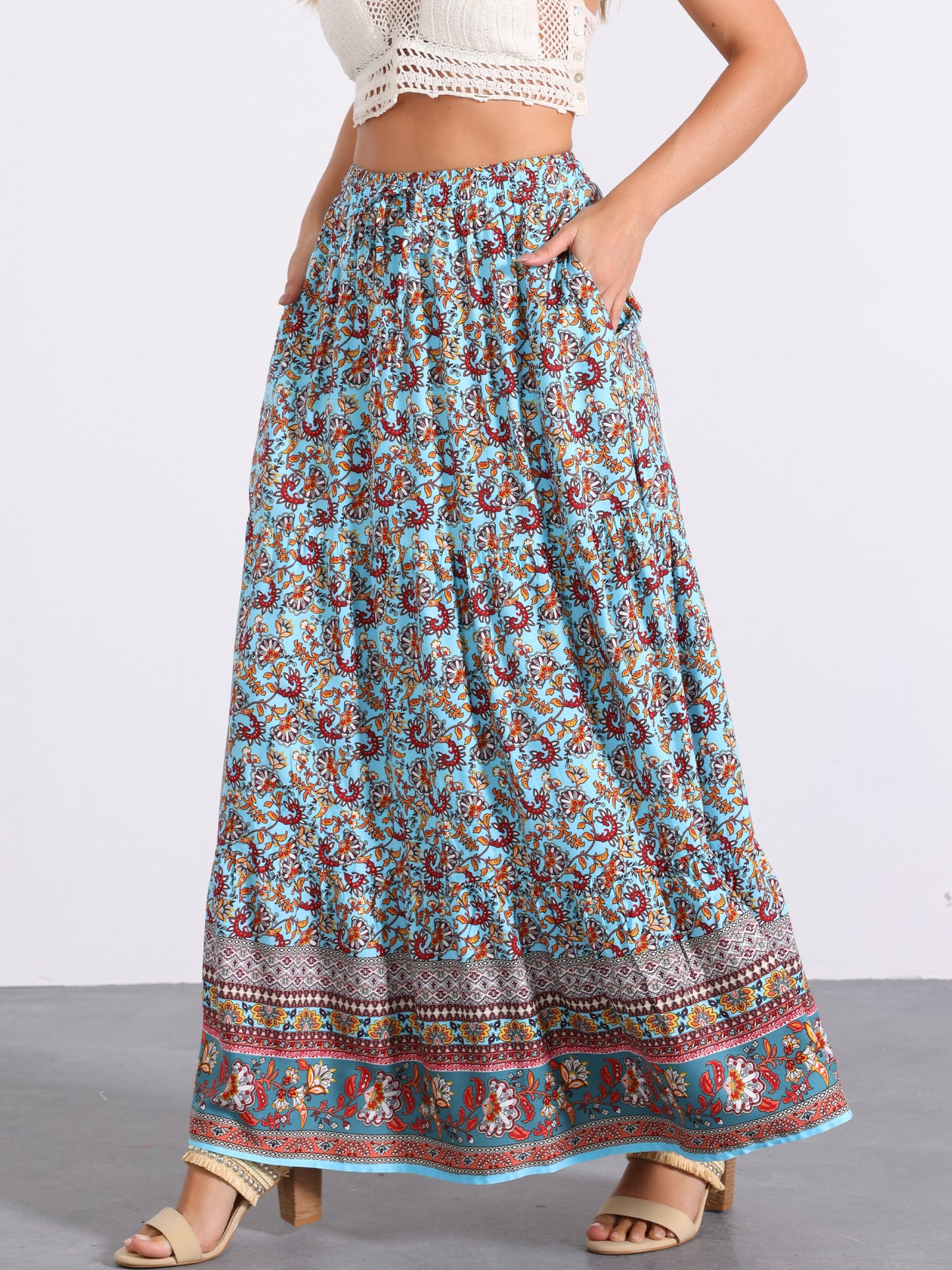 Falda larga estilo bohemio para mujer, de verano, con estampado floral campesino, cintura elástica, corte A