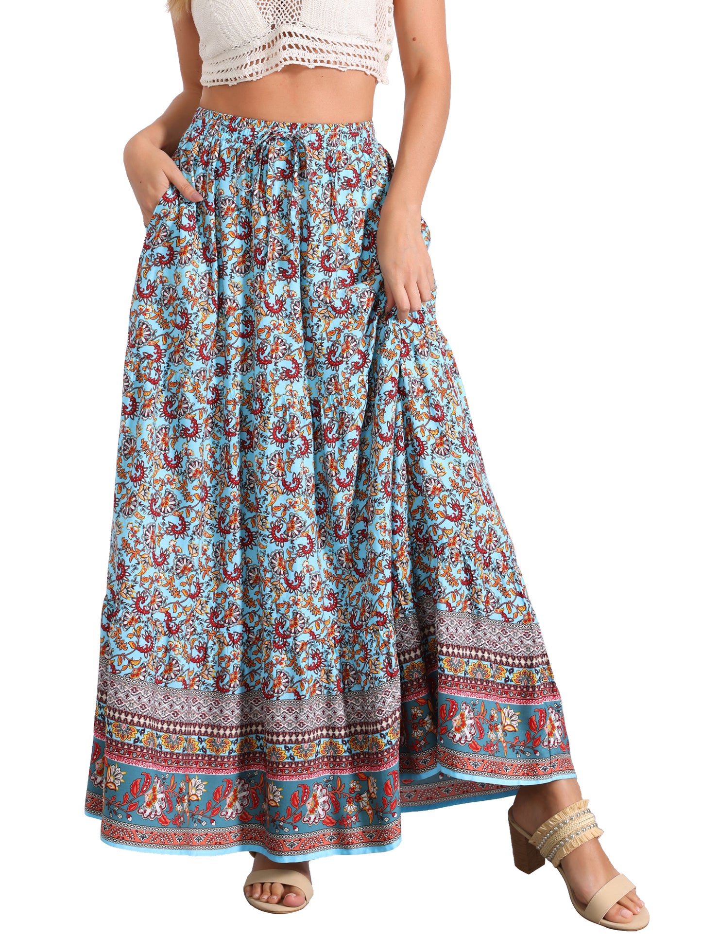 Falda larga estilo bohemio para mujer, de verano, con estampado floral campesino, cintura elástica, corte A