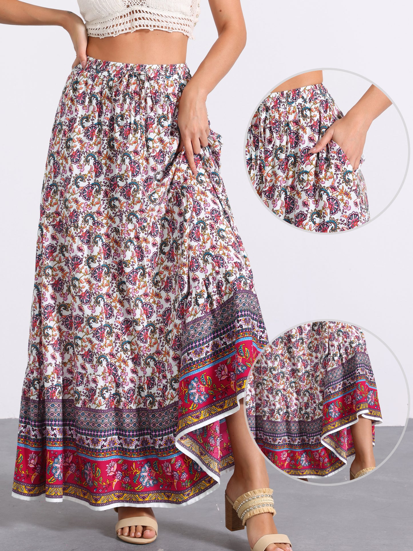 Women's Boho Maxi Skirt Summer Peasant Floral Printed Elastic Waist A Line Long Skirt