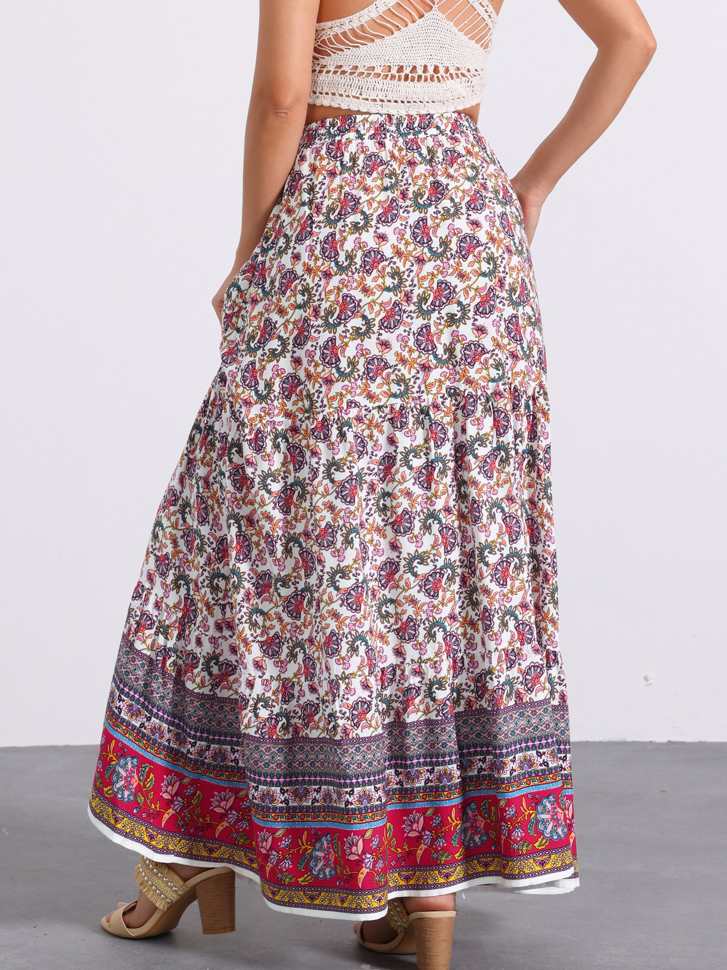 Women's Boho Maxi Skirt Summer Peasant Floral Printed Elastic Waist A Line Long Skirt