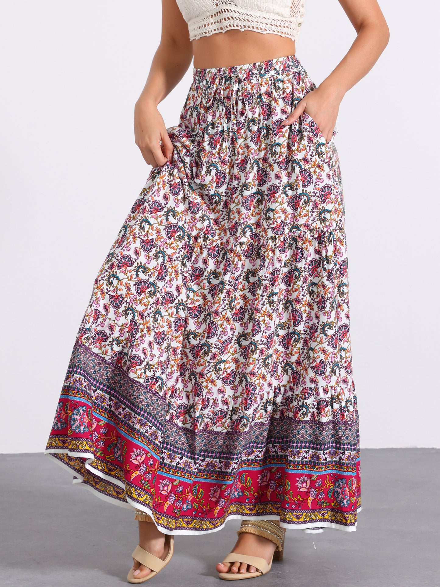 Women's Boho Maxi Skirt Summer Peasant Floral Printed Elastic Waist A Line Long Skirt