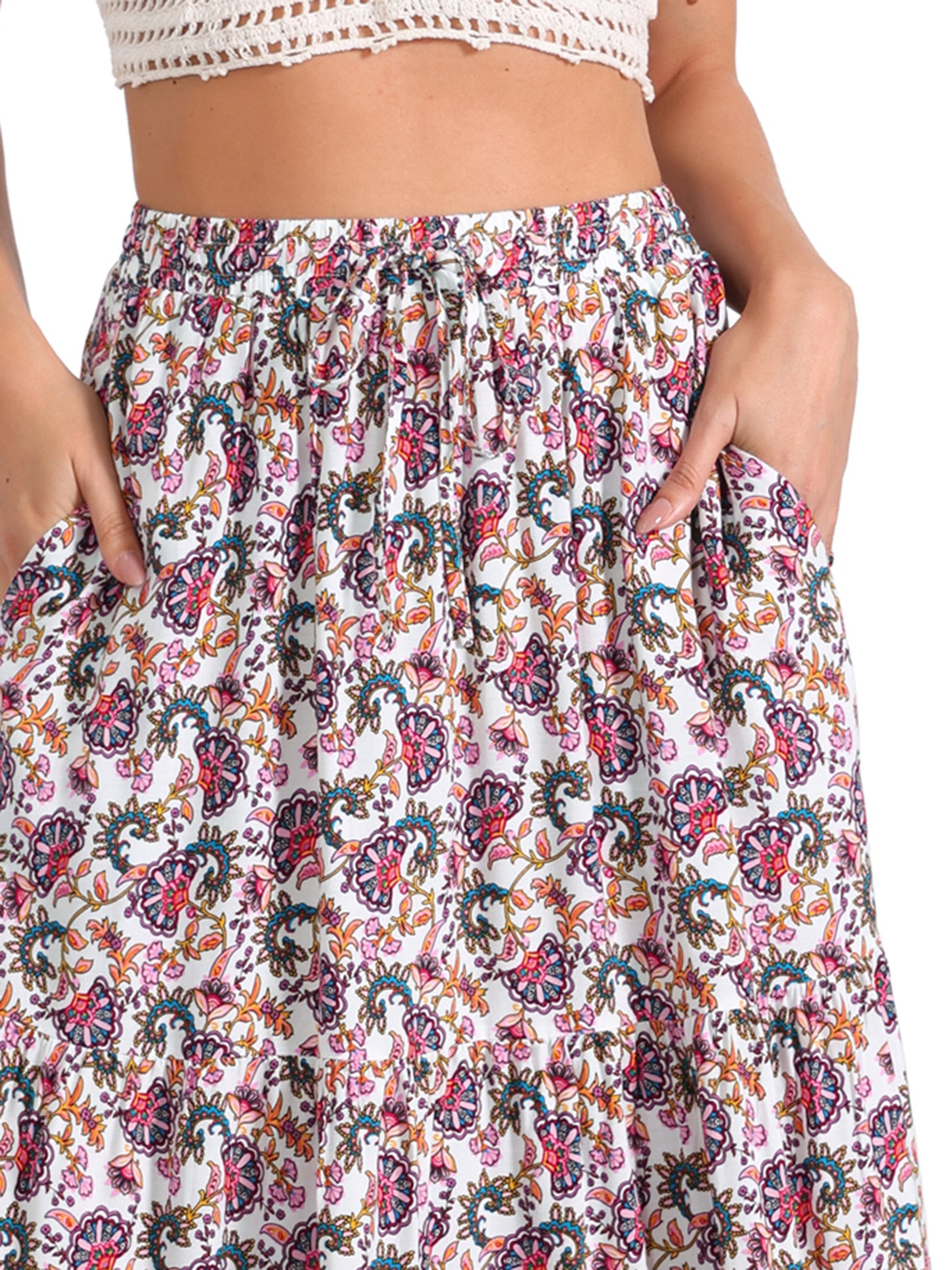 Women's Boho Maxi Skirt Summer Peasant Floral Printed Elastic Waist A Line Long Skirt
