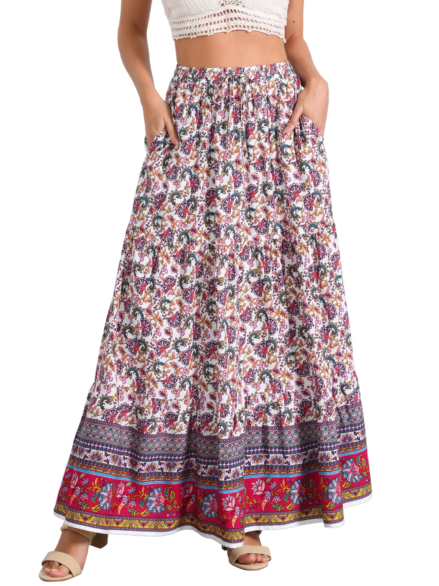Women's Boho Maxi Skirt Summer Peasant Floral Printed Elastic Waist A Line Long Skirt