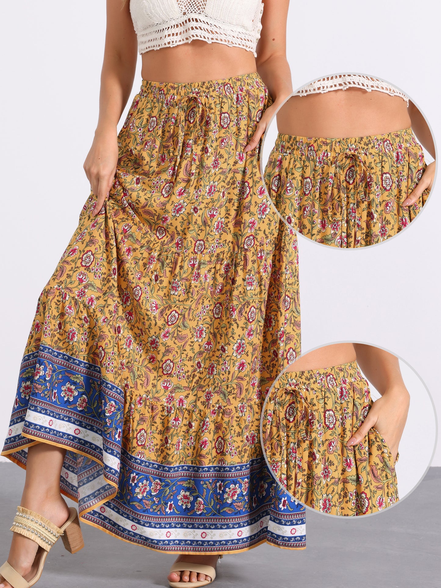 Women's Boho Maxi Skirt Summer Peasant Floral Printed Elastic Waist A Line Long Skirt