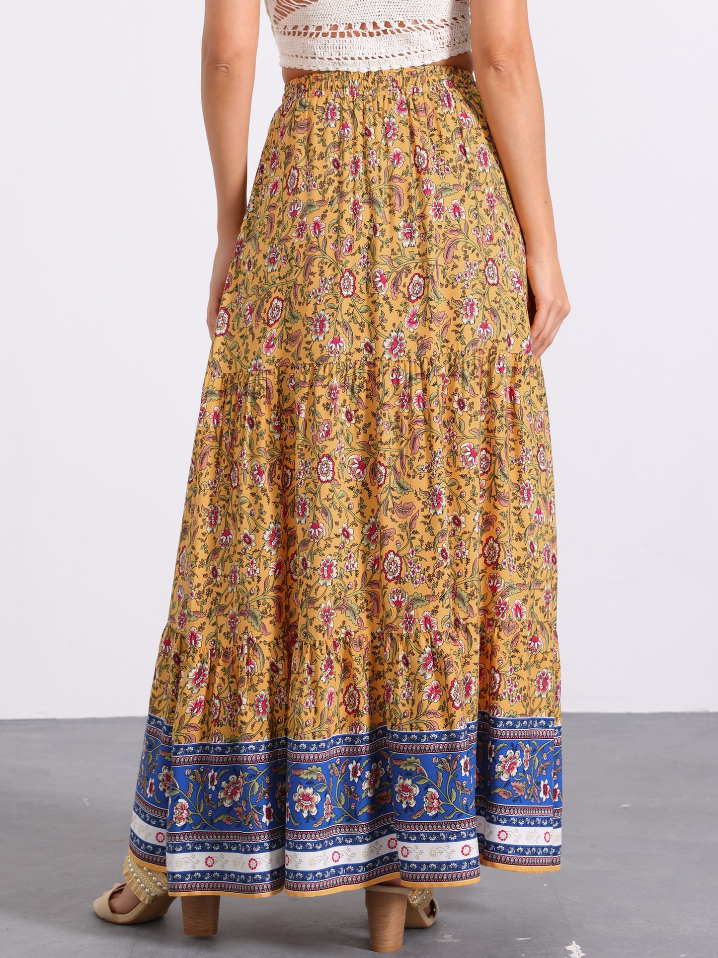 Women's Boho Maxi Skirt Summer Peasant Floral Printed Elastic Waist A Line Long Skirt