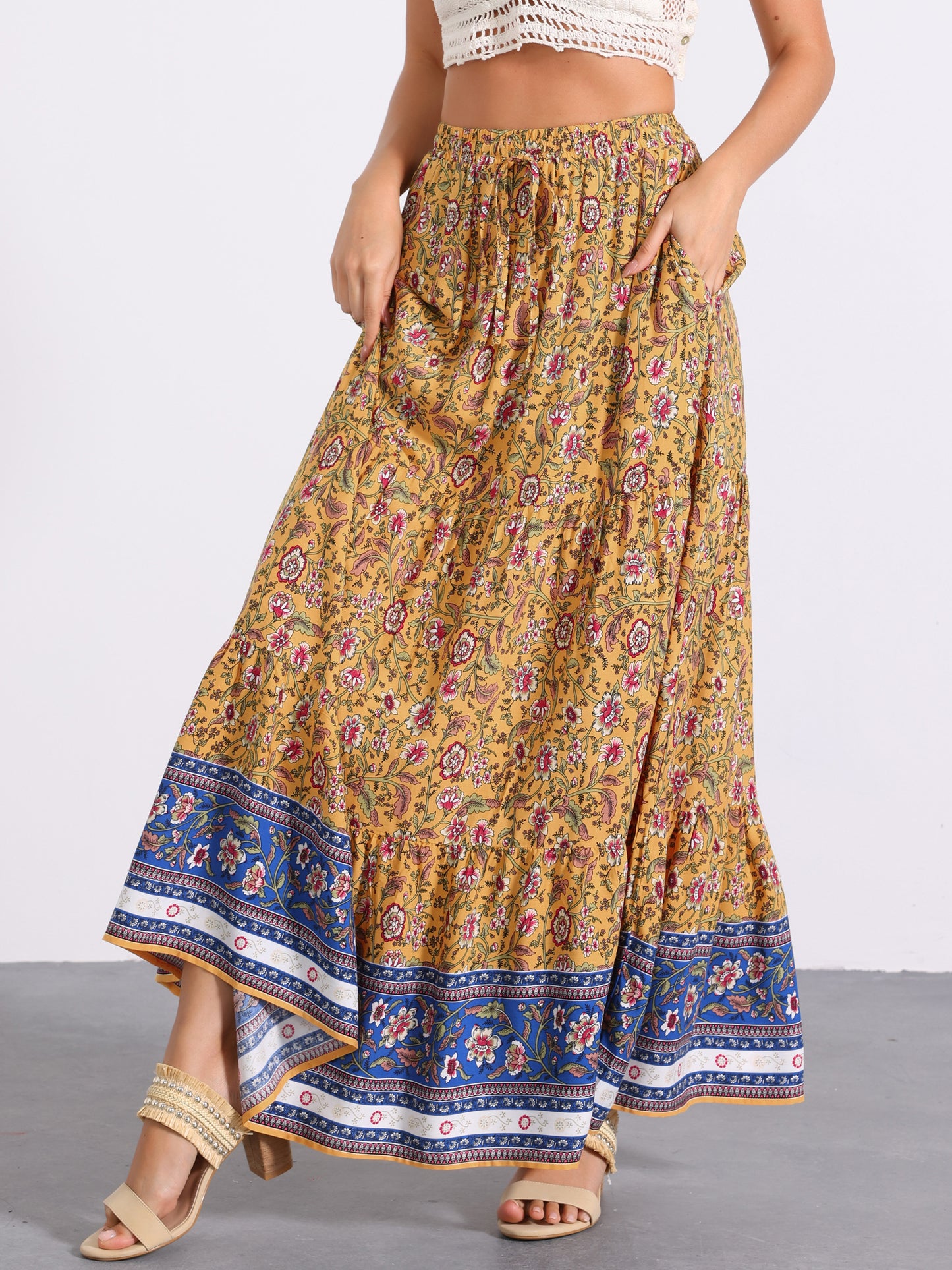 Women's Boho Maxi Skirt Summer Peasant Floral Printed Elastic Waist A Line Long Skirt