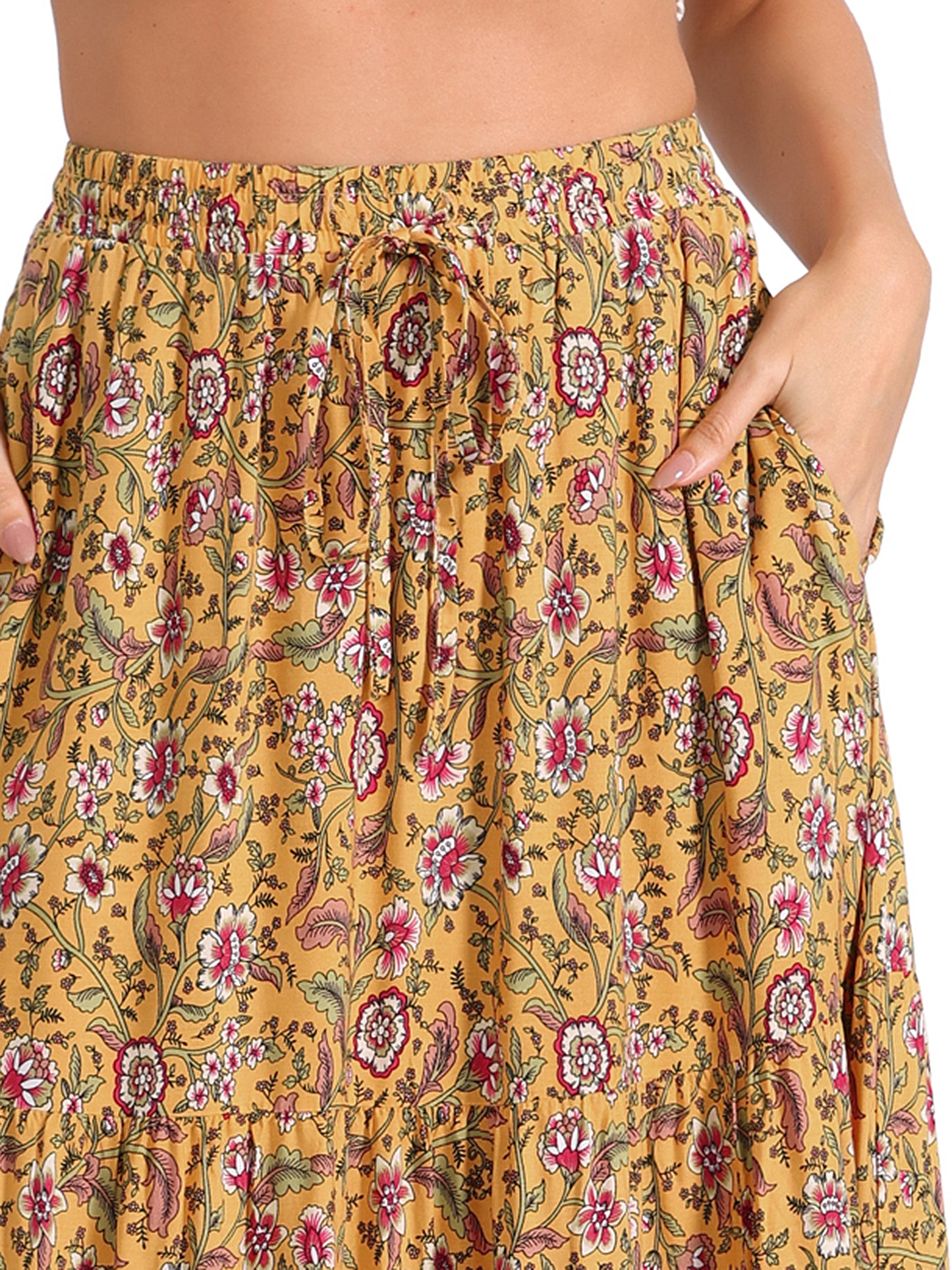 Women's Boho Maxi Skirt Summer Peasant Floral Printed Elastic Waist A Line Long Skirt