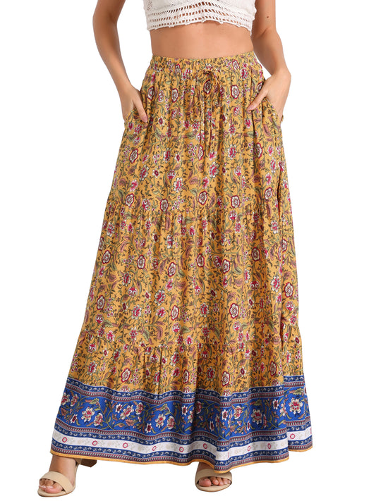 Women's Boho Maxi Skirt Summer Peasant Floral Printed Elastic Waist A Line Long Skirt