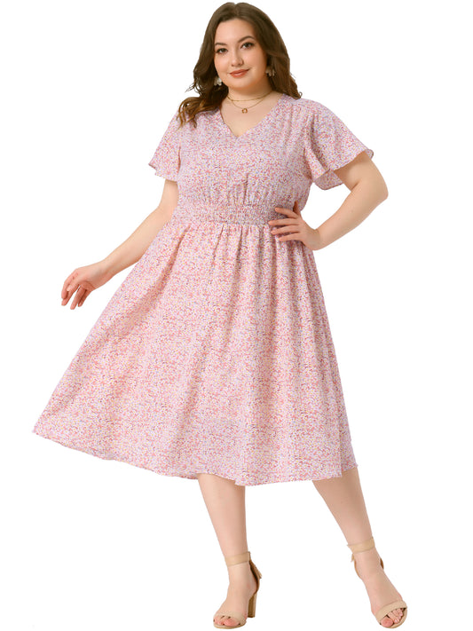 Women's Plus Size Summer Dress Floral Print V Neck Smocked A-Line Flowy Midi Dress