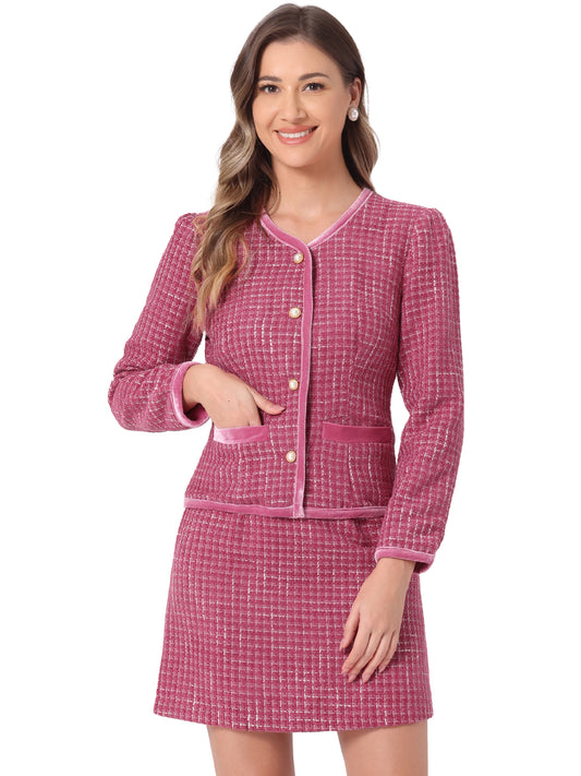 Women's 2 Piece Plaid Tweed Short Blazer Jacket and Skirt Business Suit Set
