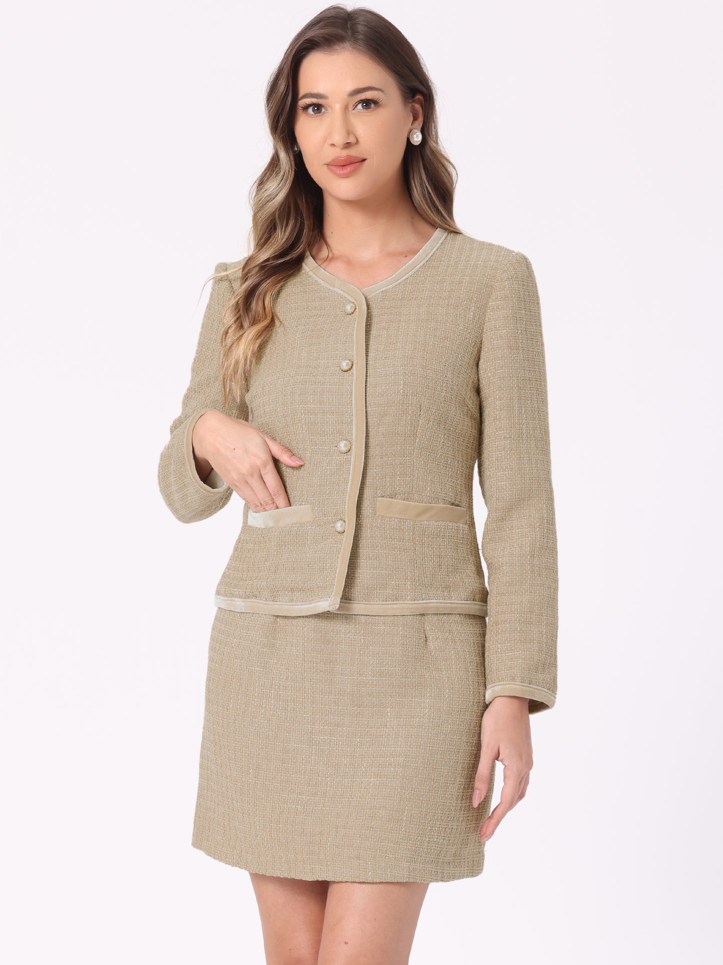Women's 2 Piece Plaid Tweed Short Blazer Jacket and Skirt Business Suit Set