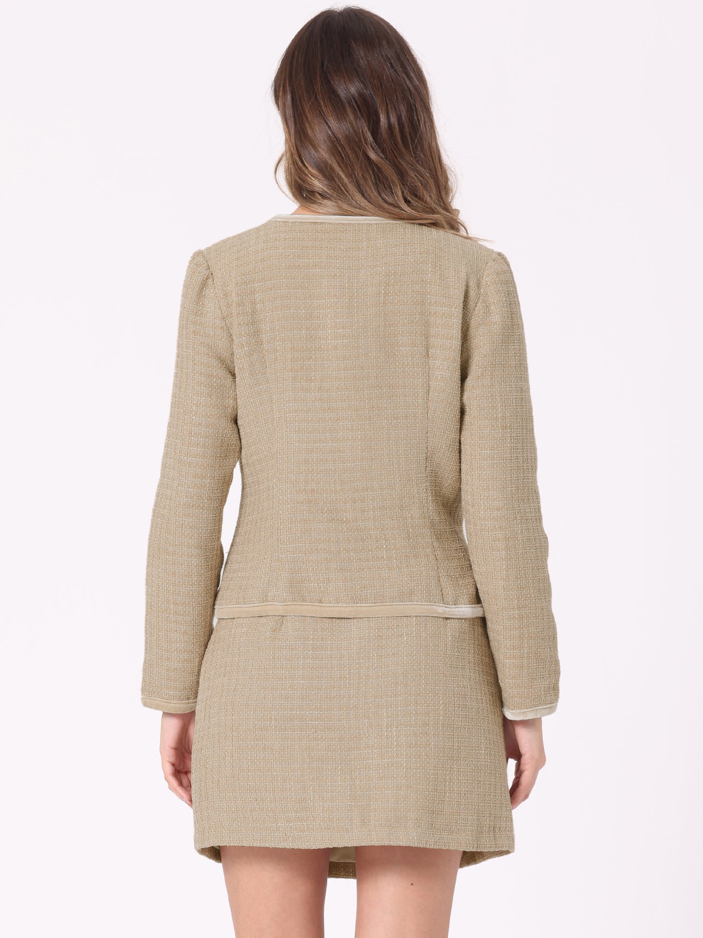 Women's 2 Piece Plaid Tweed Short Blazer Jacket and Skirt Business Suit Set