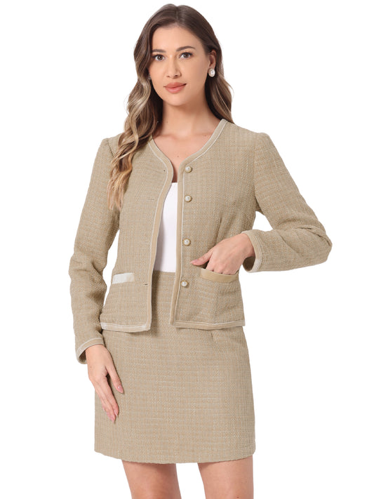 Women's 2 Piece Plaid Tweed Short Blazer Jacket and Skirt Business Suit Set