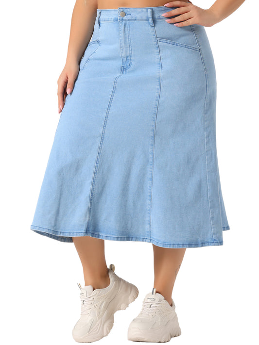 Women's Plus Size Denim Skirts Vintage High Waist with Pockets A-Line Midi Jean Skirt