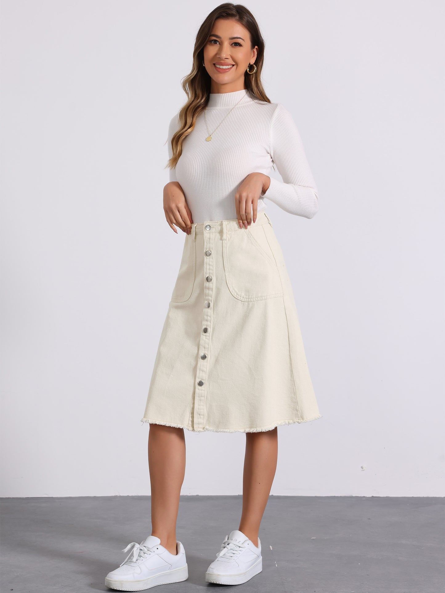 Women's Denim Skirts Raw Hem Button Down Midi Jeans Skirt