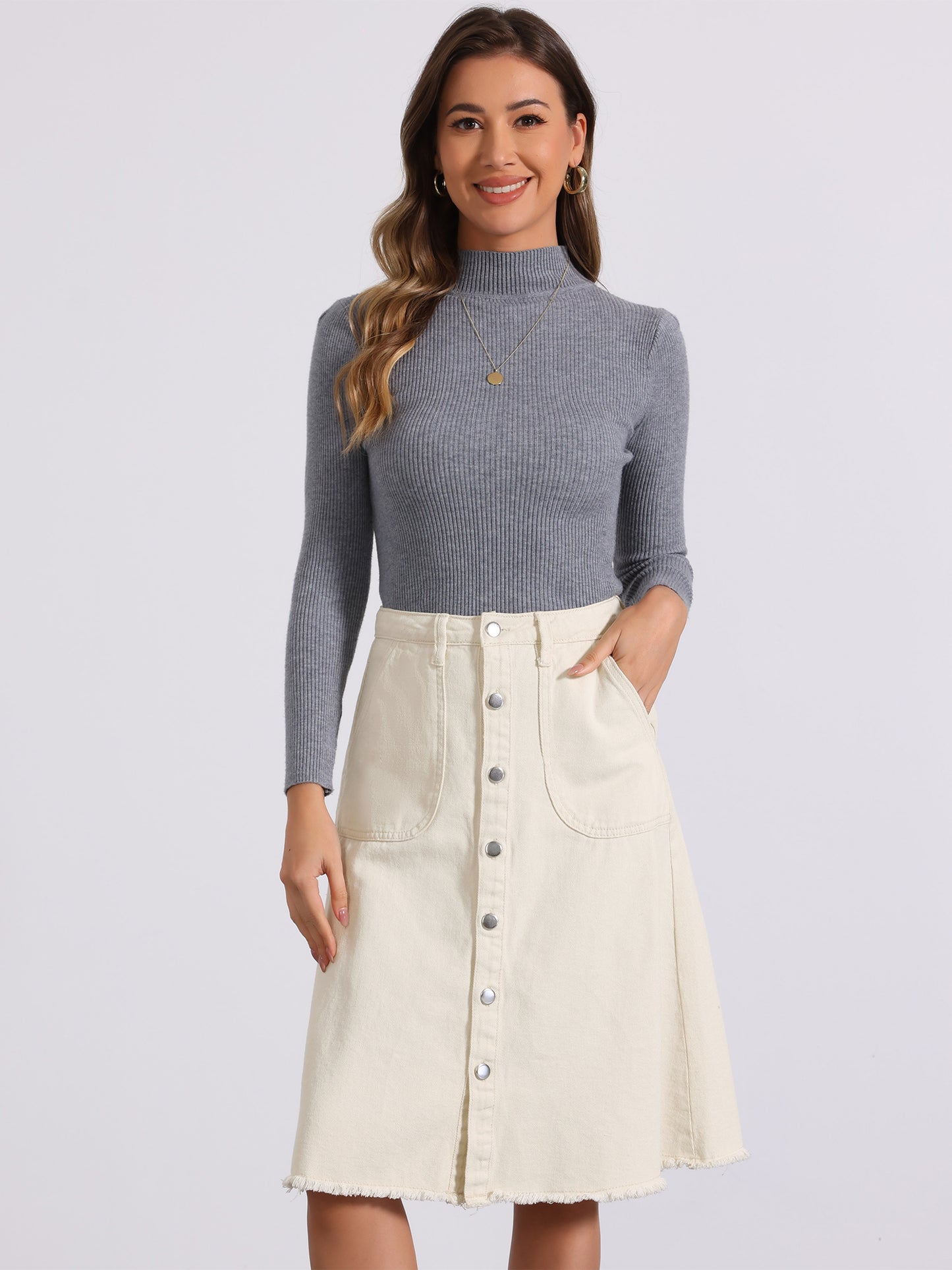 Women's Denim Skirts Raw Hem Button Down Midi Jeans Skirt