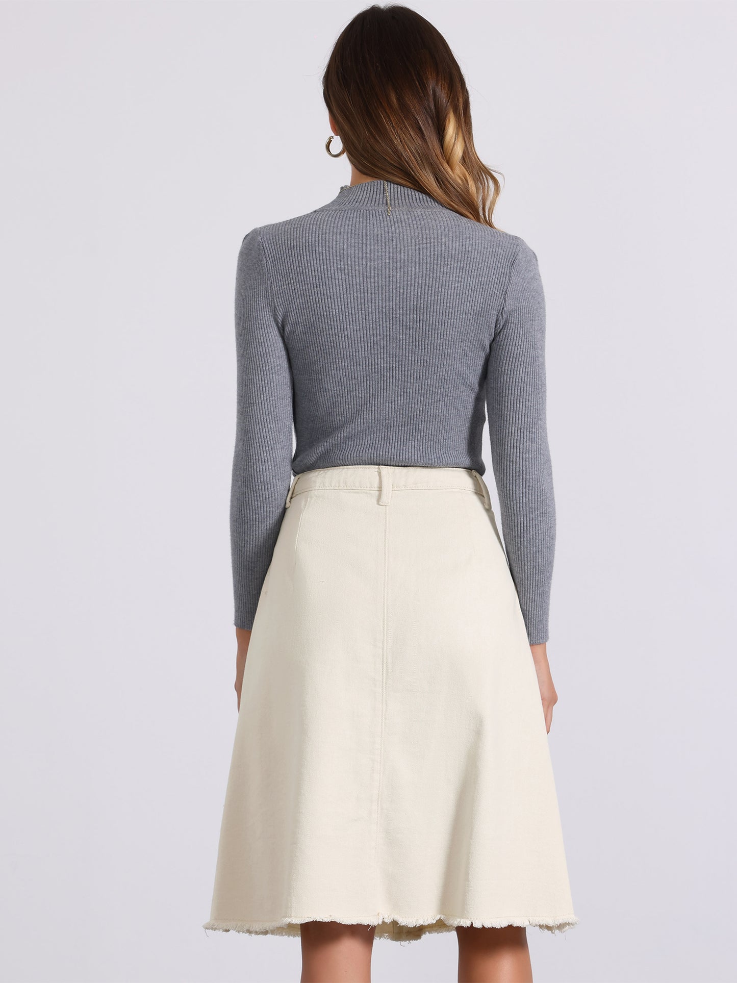 Women's Denim Skirts Raw Hem Button Down Midi Jeans Skirt