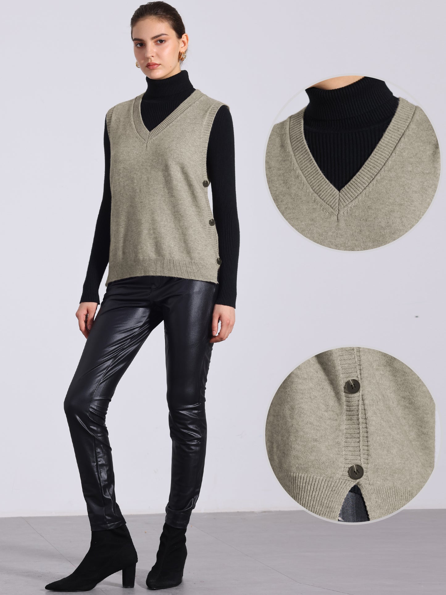 Chaleco de punto tipo jersey acanalado con cuello en V y sin mangas para mujer