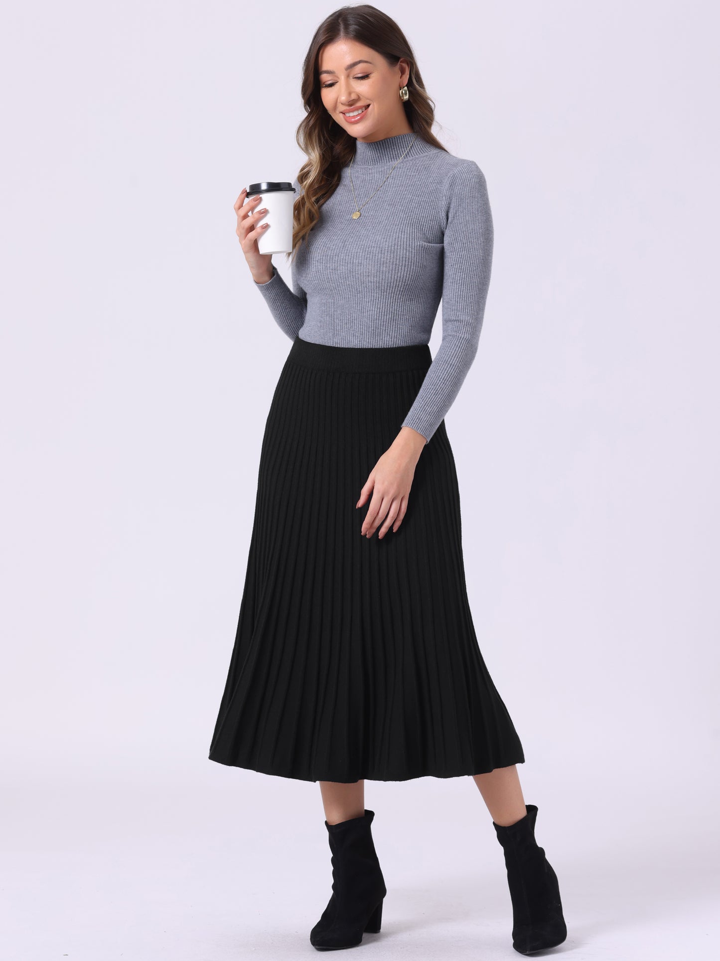 Falda de punto plisada de cintura alta con corte A para mujer, estilo suéter, falda midi