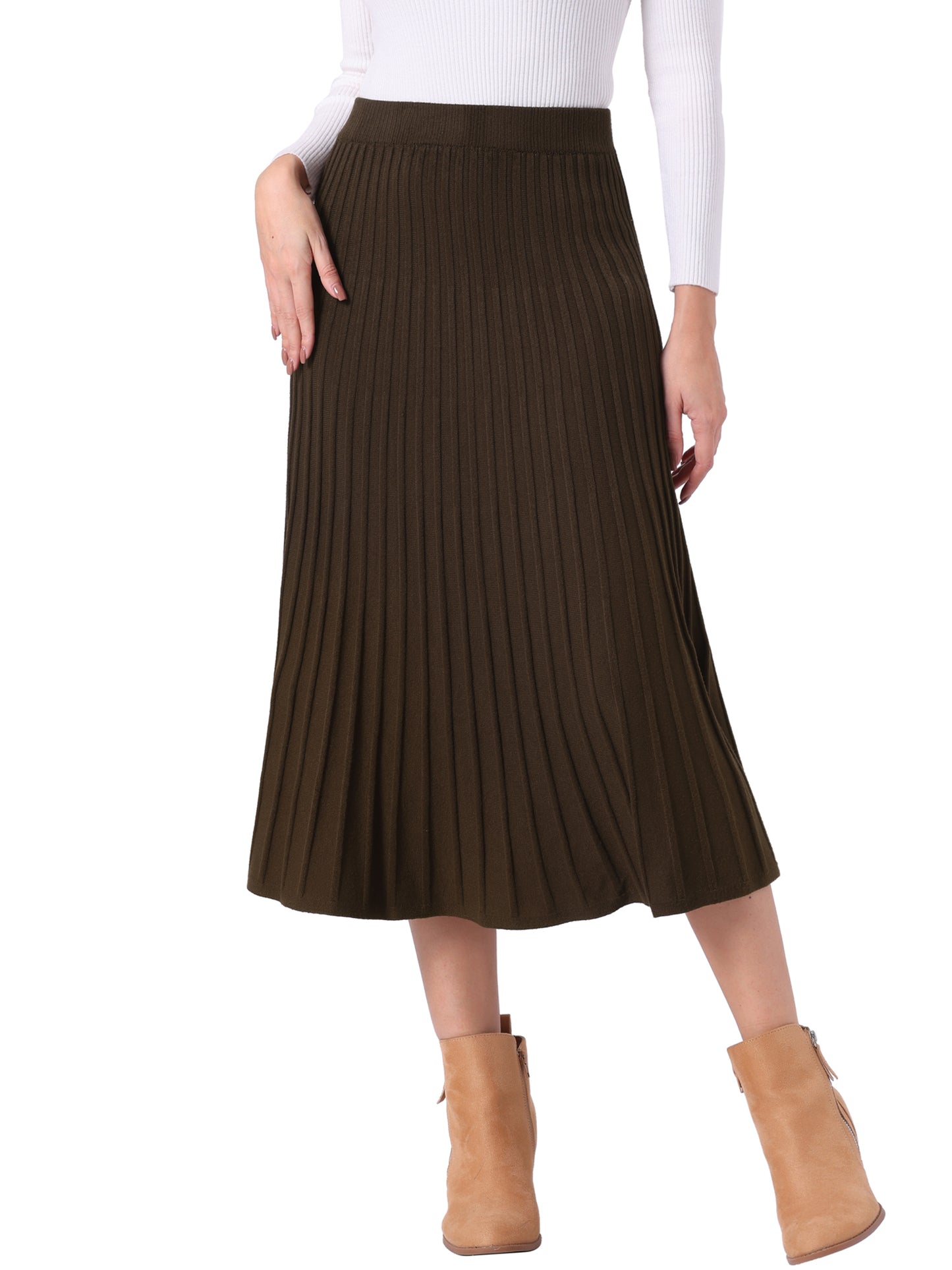 Women's High Waist A-Line Pleated Knitted Skirt Sweater Midi Skirt