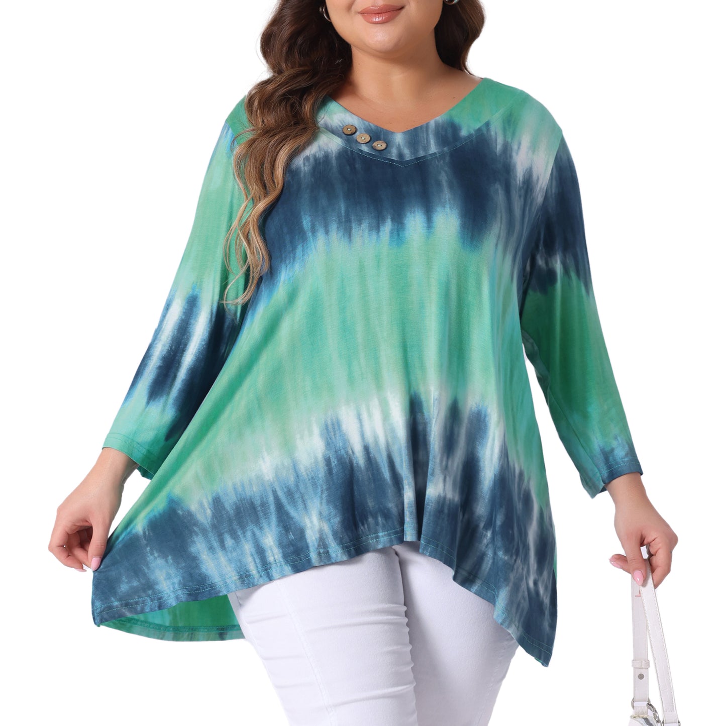 Women Plus Size Tops V Neck Elbow 3/4 Sleeve Loose Fit Casual Tee Tie Dye T-Shirts