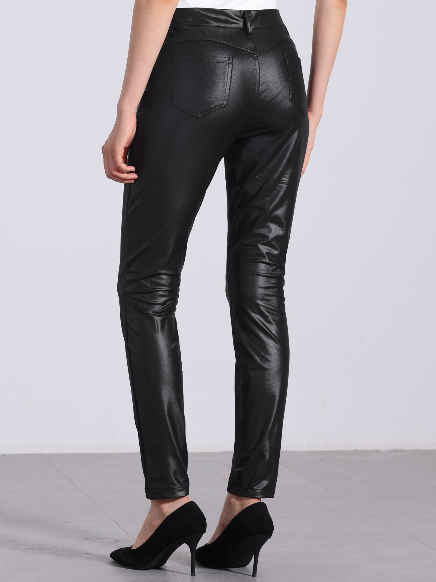Pantalones de cuero sintético para mujer, cintura alta, elásticos, ajustados, para motociclista