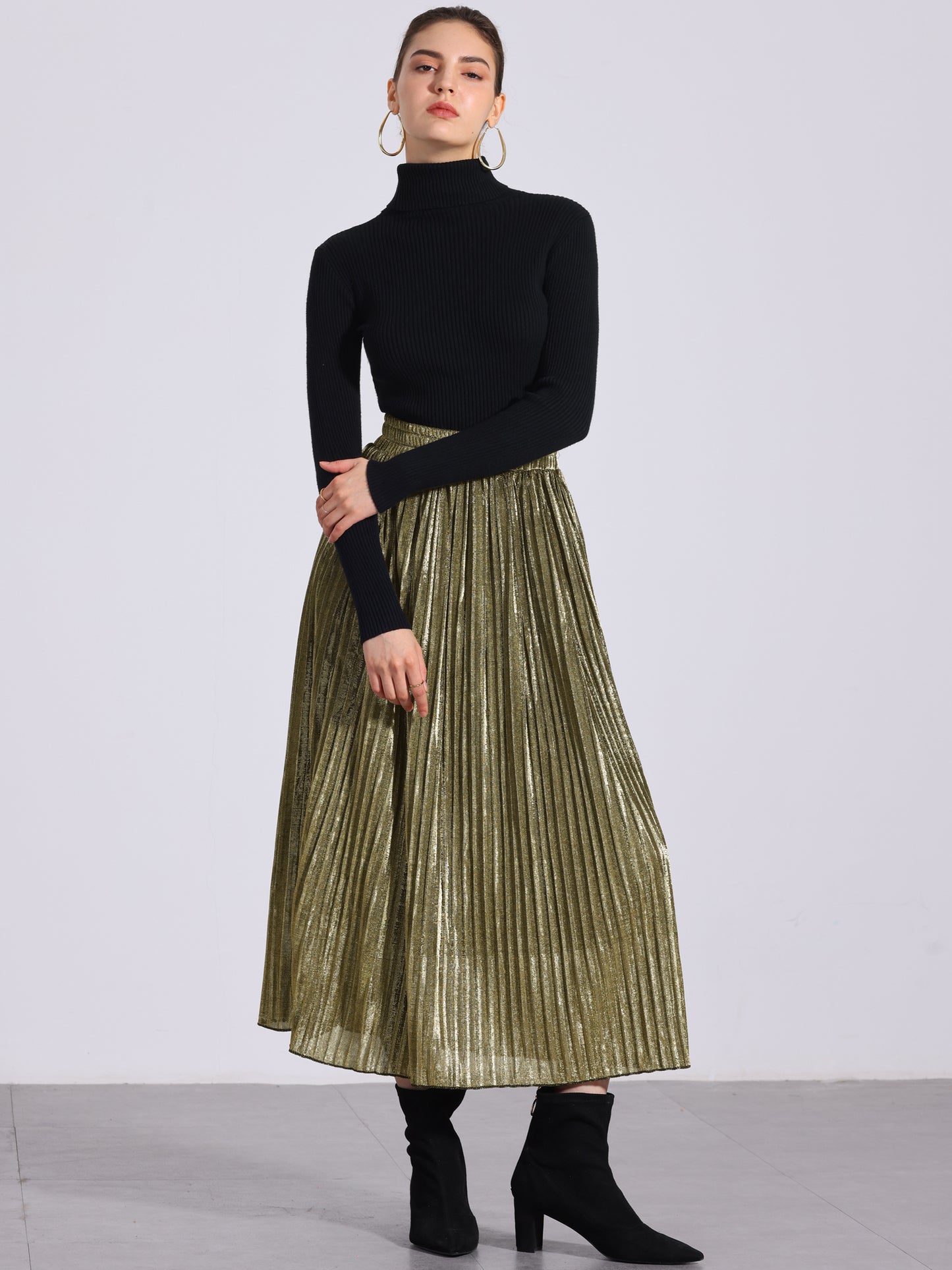 Women's Metallic Shiny Glitter Party High Waist Flared Plaeted Midi Skirt