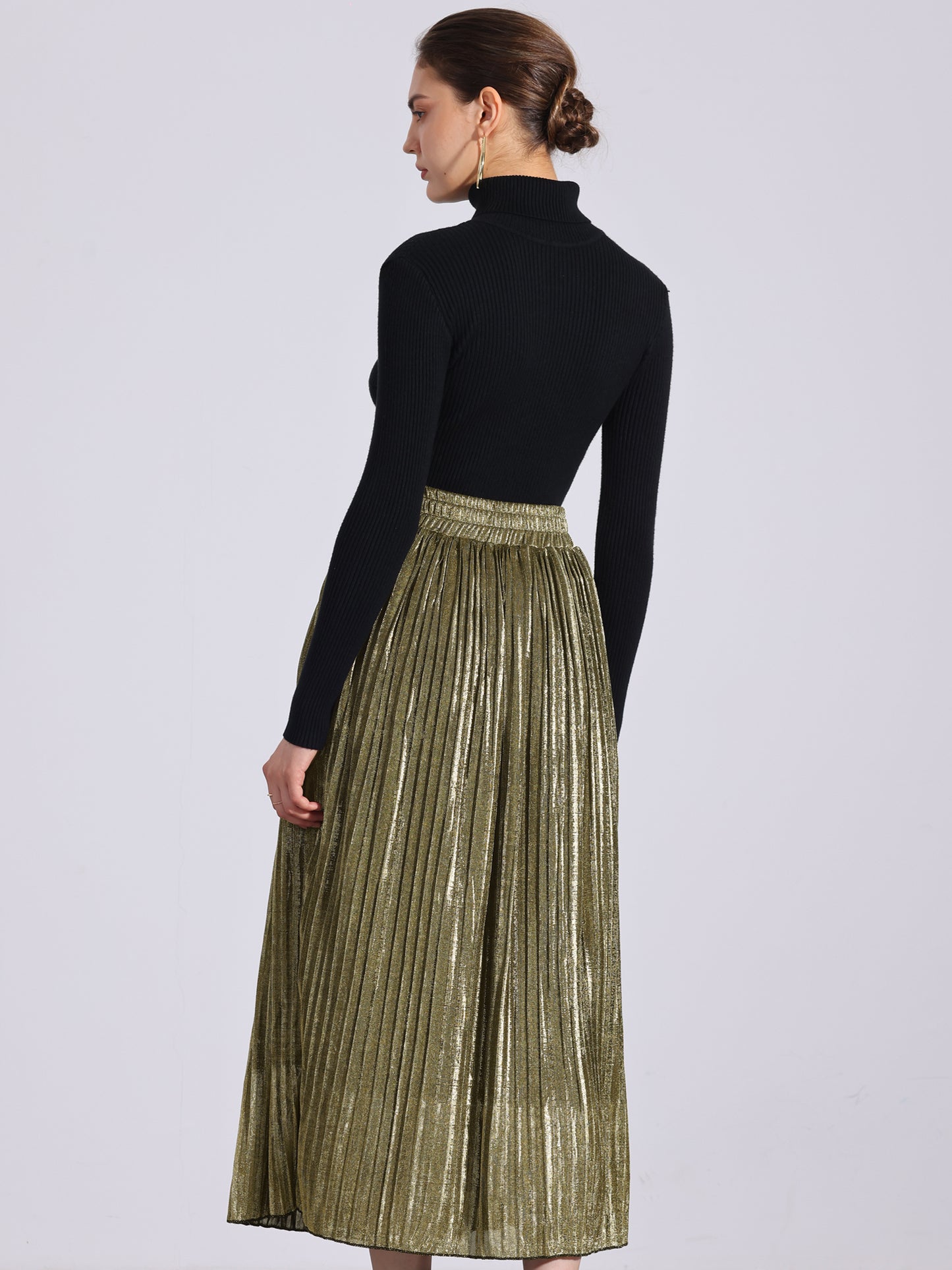 Women's Metallic Shiny Glitter Party High Waist Flared Plaeted Midi Skirt