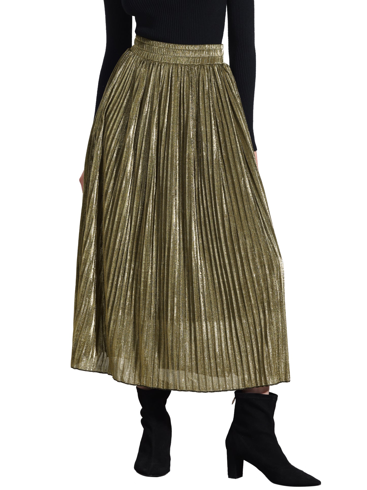 Women's Metallic Shiny Glitter Party High Waist Flared Plaeted Midi Skirt