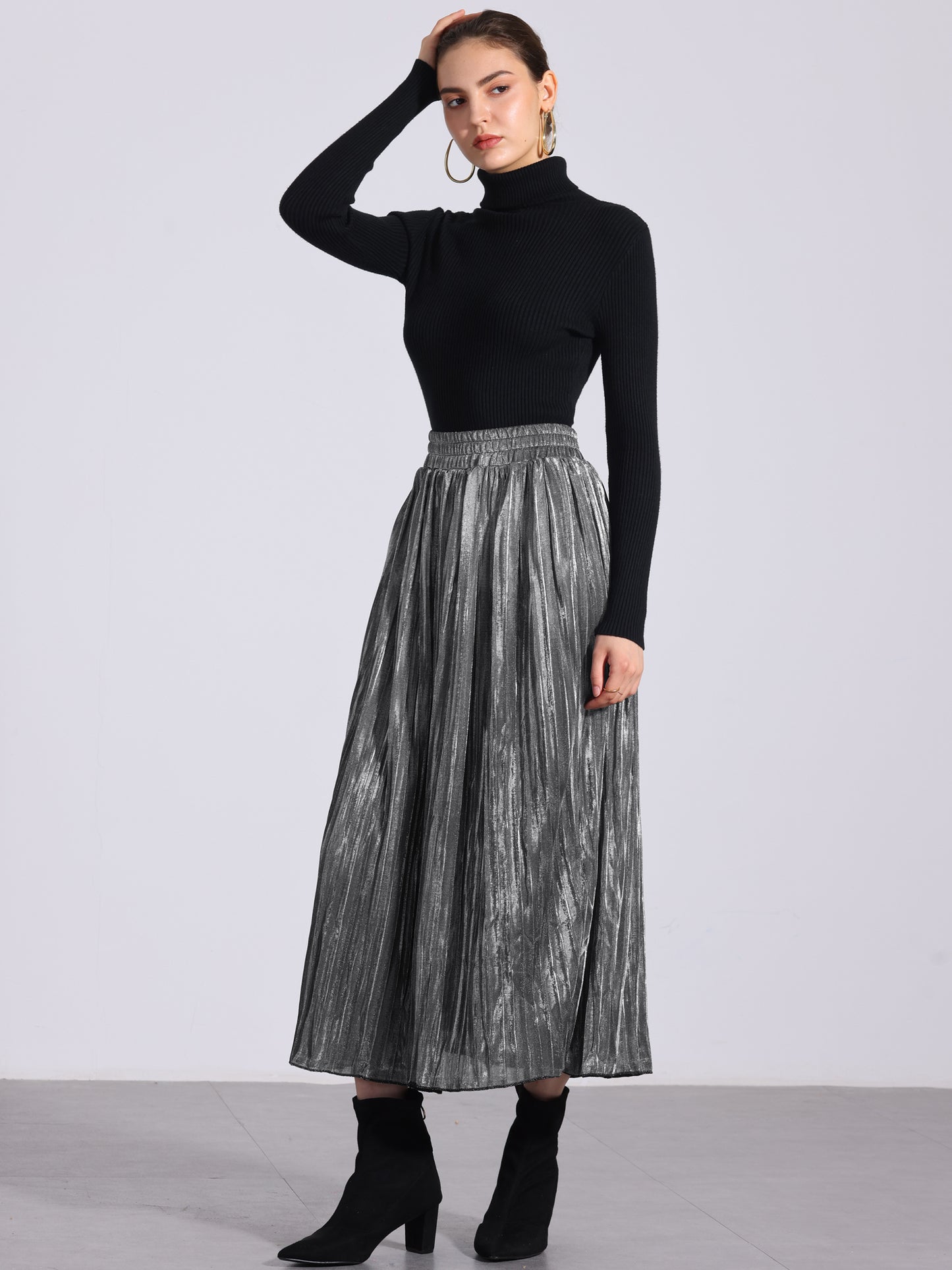 Women's Metallic Shiny Glitter Party High Waist Flared Plaeted Midi Skirt