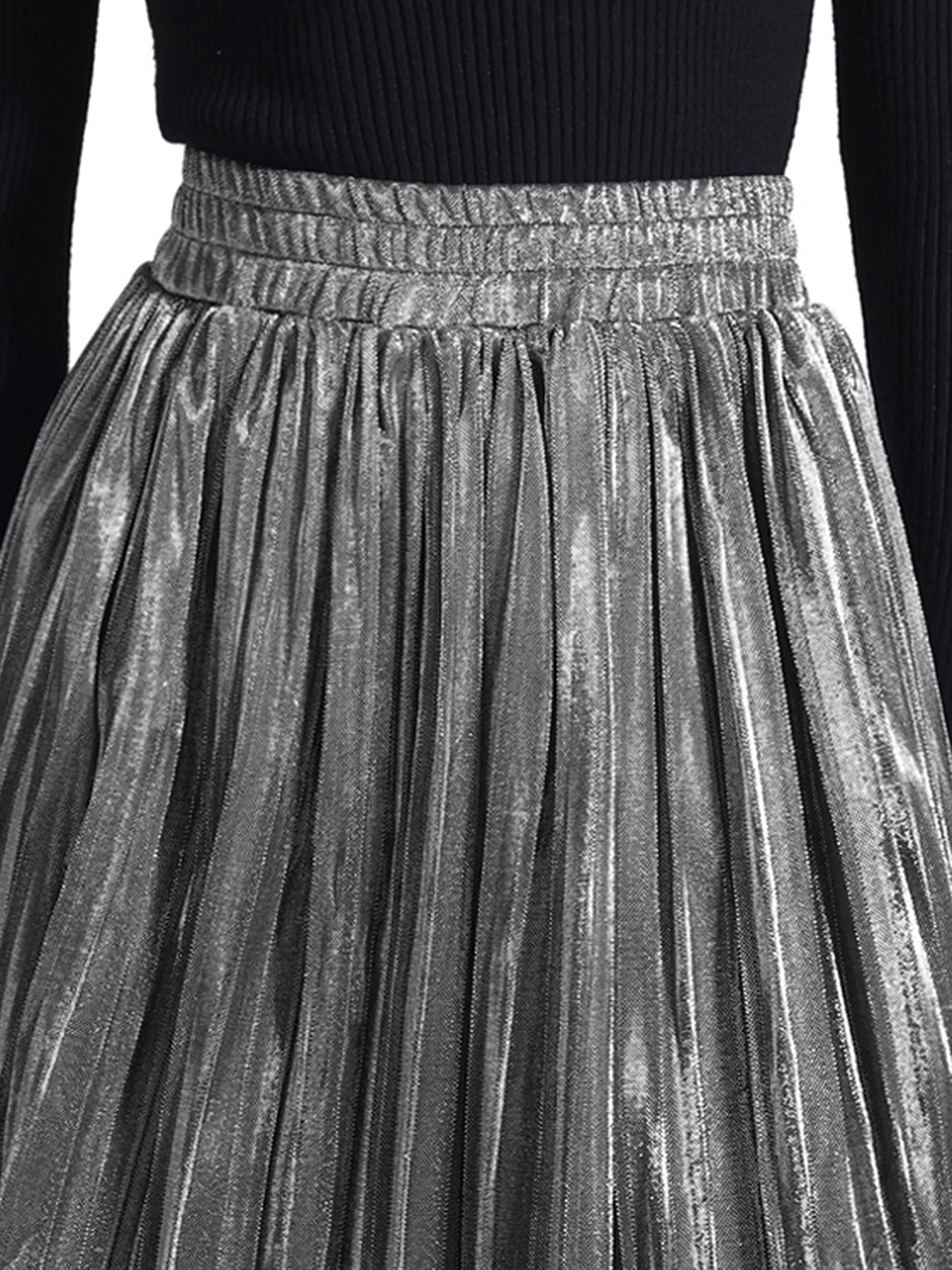 Women's Metallic Shiny Glitter Party High Waist Flared Plaeted Midi Skirt