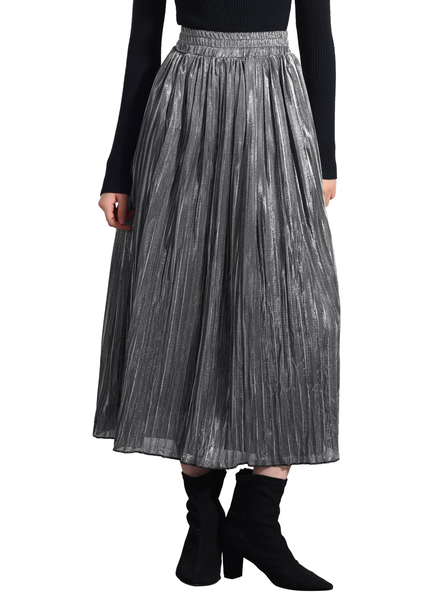 Women's Metallic Shiny Glitter Party High Waist Flared Plaeted Midi Skirt