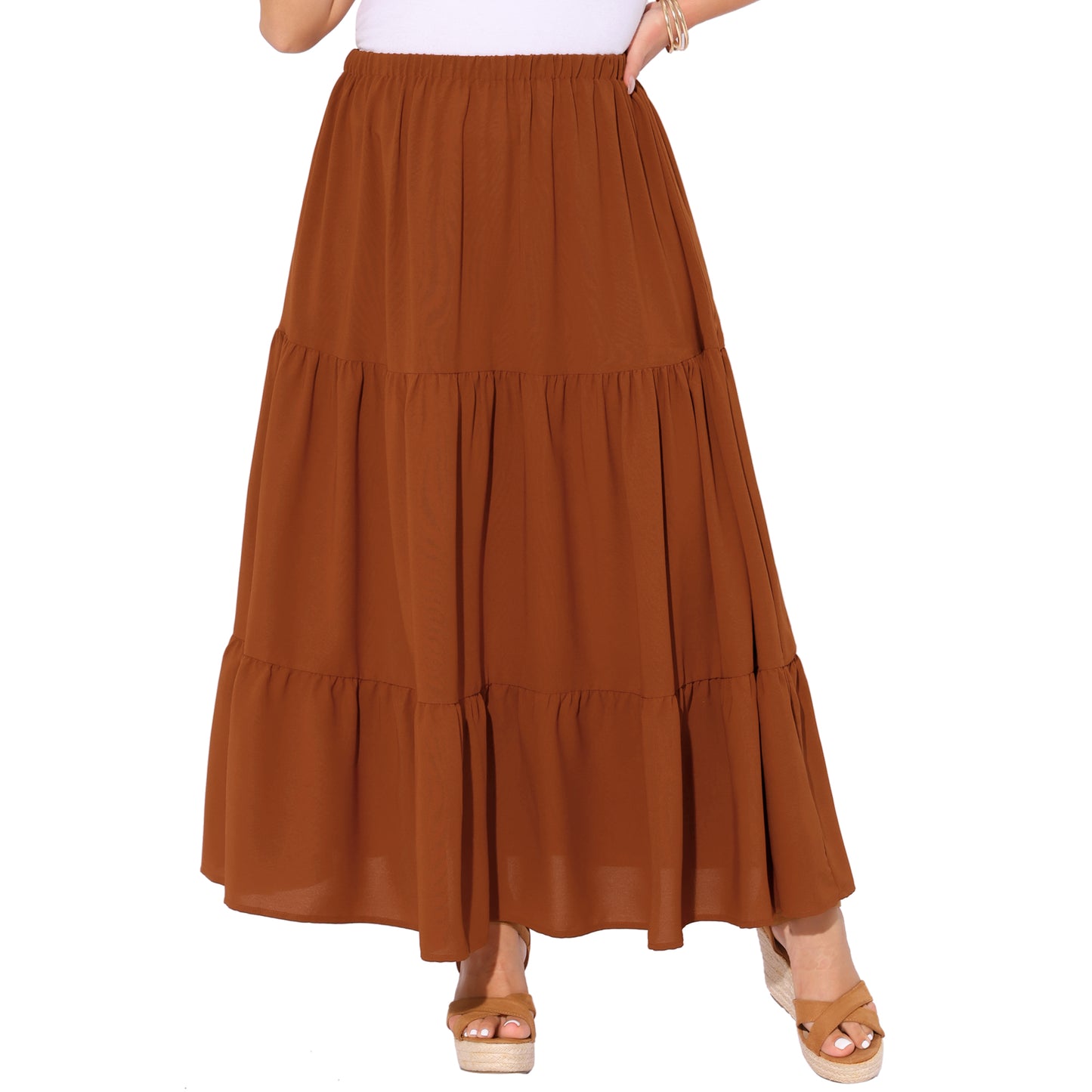 Women's Plus Size Swing Maxi Skirt Elastic High Waist Boho Flowy Casual Aline Long Beach Skirts
