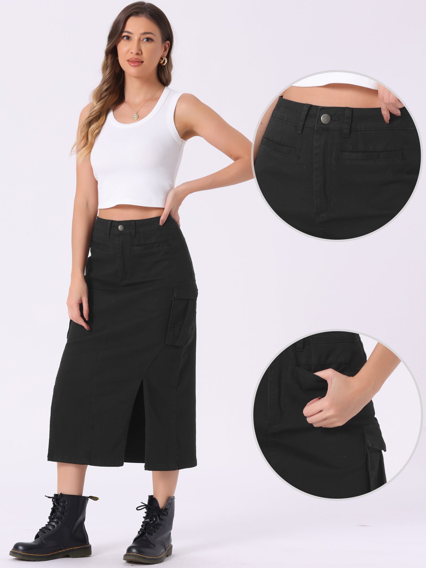 Women's High Waist Split Hem Bodycon Midi Long Denim Cargo Skirt