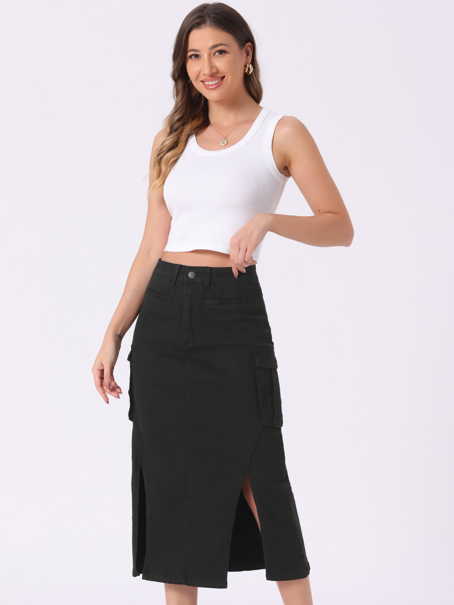 Women's High Waist Split Hem Bodycon Midi Long Denim Cargo Skirt