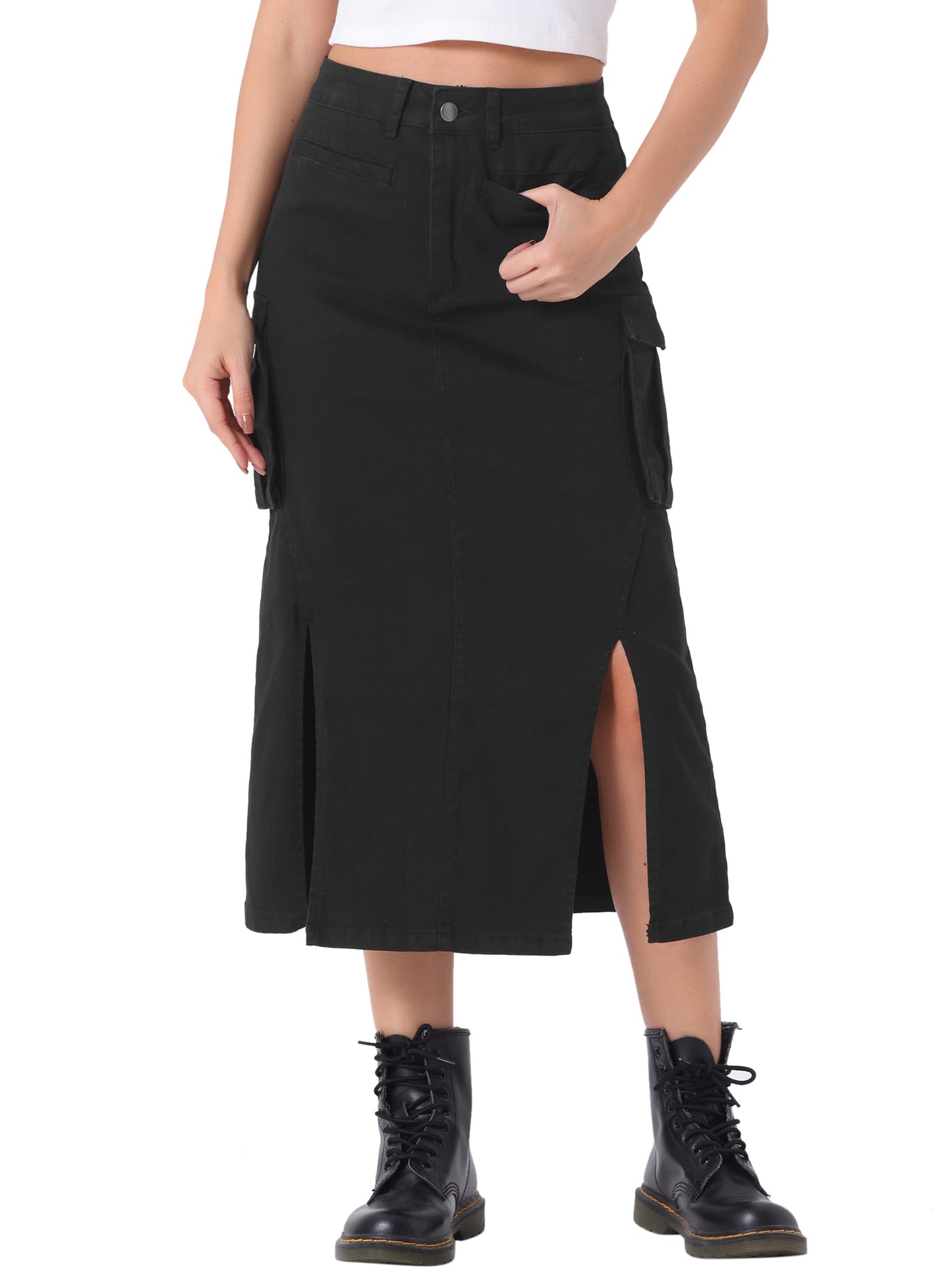 Women's High Waist Split Hem Bodycon Midi Long Denim Cargo Skirt