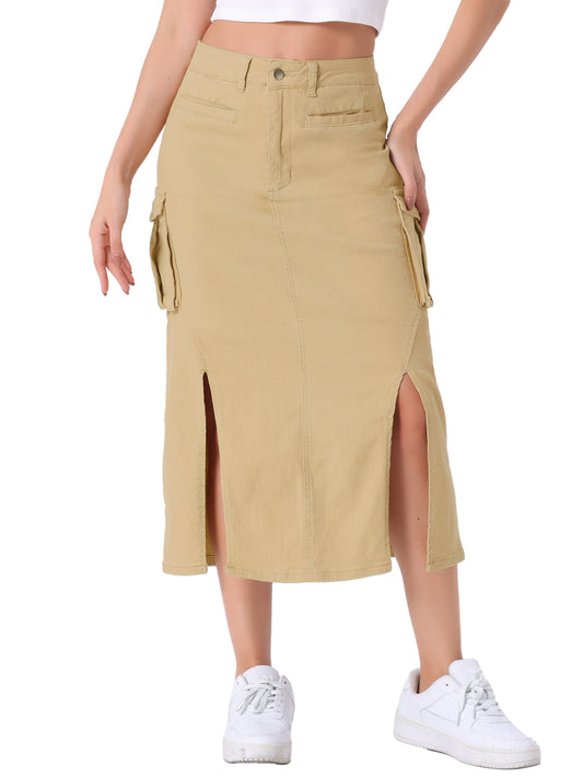 Women's High Waist Split Hem Bodycon Midi Long Denim Cargo Skirt